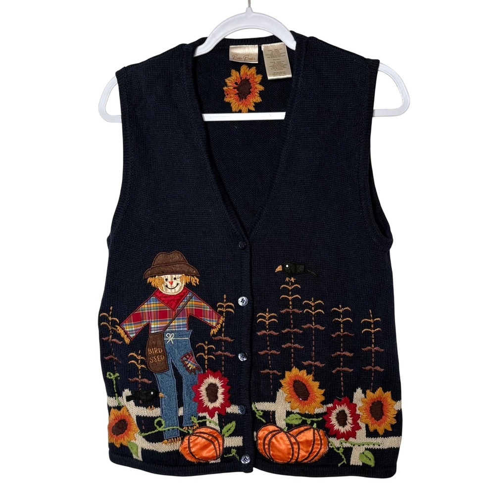 Vtg 90s Bobbie Brooks Fall Harvest Sweater Vest Small Navy Pumpkin Scarecrow